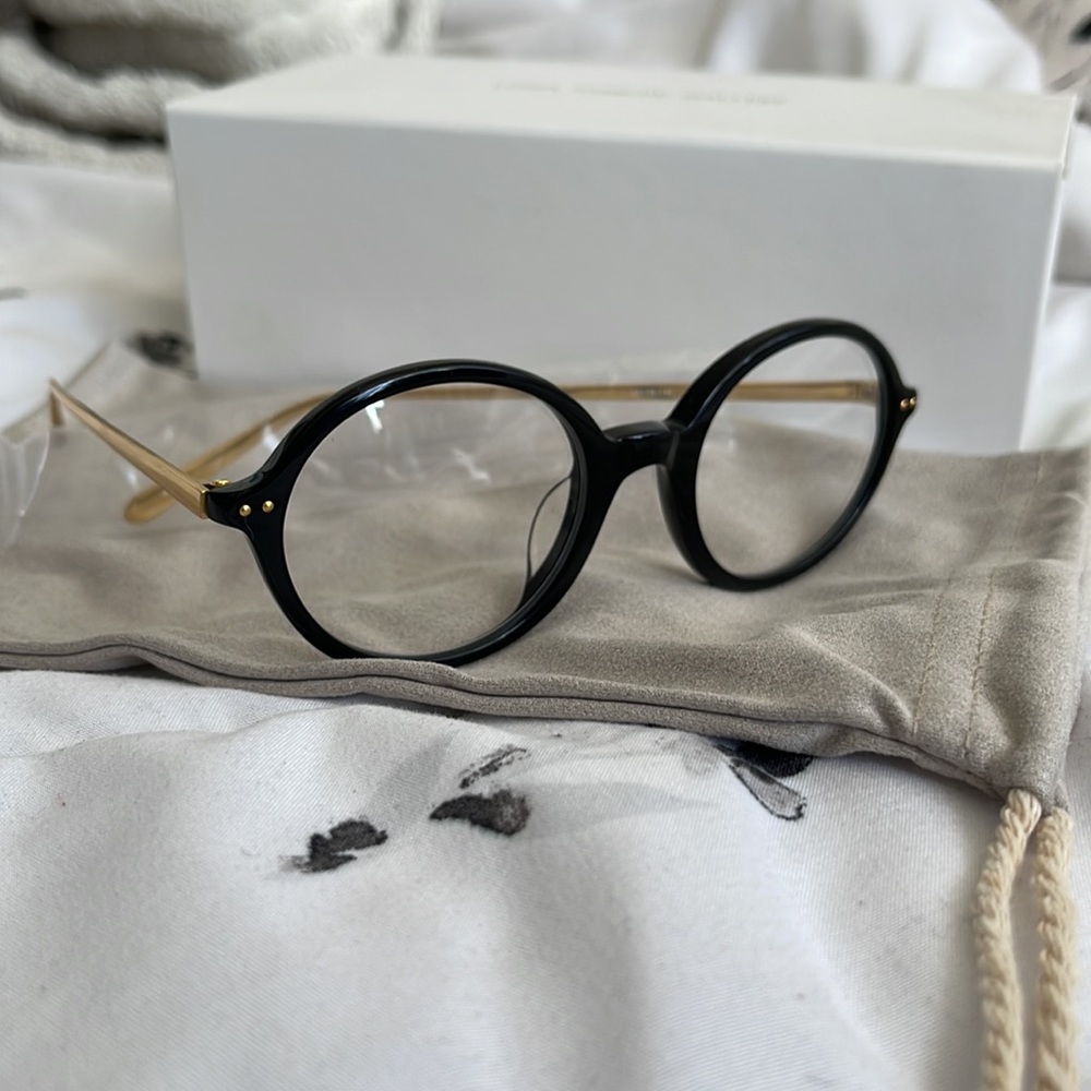 LINDA FARROW RARE OPTICAL FRAME BLACK AND GOLD 22 Carat Gold Plated & Titanium